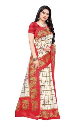 Salwar Studio Women's White & Red Art Silk Printed Saree with Blouse Piece 3