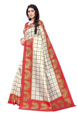 Salwar Studio Women's White & Red Art Silk Printed Saree with Blouse Piece 4