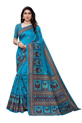 Salwar Studio Women's Blue & Red Art Silk Printed Saree with Blouse Piece 1