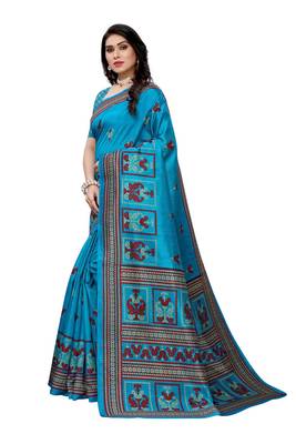 Salwar Studio Women's Blue & Red Art Silk Printed Saree with Blouse Piece 3