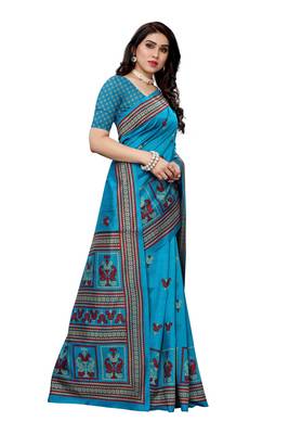 Salwar Studio Women's Blue & Red Art Silk Printed Saree with Blouse Piece 4