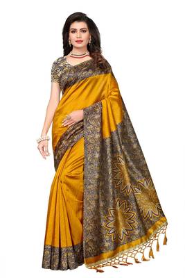 Salwar Studio Women's Mustard & Navy Blue Art Silk Printed Saree with Blouse Piece 1