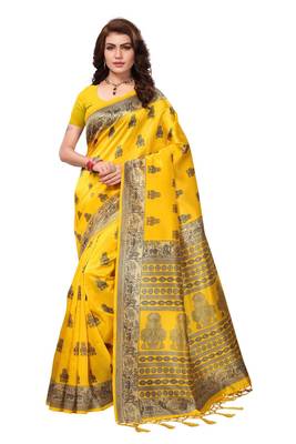 Salwar Studio Women's Yellow Art Silk Printed Saree with Blouse Piece 1
