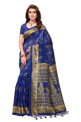 Salwar Studio Women's Blue Art Silk Printed Saree with Blouse Piece 1