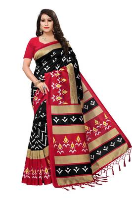 Salwar Studio Women's Black & Red Art Silk Printed Saree with Blouse Piece 1