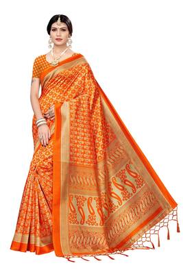 Salwar Studio Women's Orange Art Silk Printed Saree with Blouse Piece 1