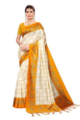 Salwar Studio Women's White & Mustard Art Silk Printed Saree with Blouse Piece 1