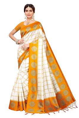 Salwar Studio Women's White & Mustard Art Silk Printed Saree with Blouse Piece 1