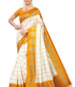 Salwar Studio Women's White & Mustard Art Silk Printed Saree with Blouse Piece