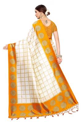Salwar Studio Women's White & Mustard Art Silk Printed Saree with Blouse Piece 2
