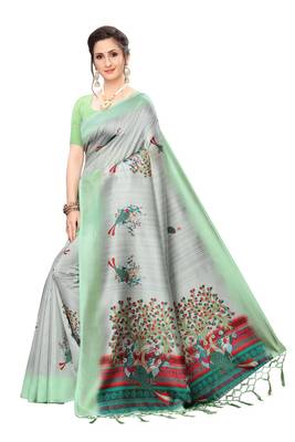Salwar Studio Women's Grey & Pista Art Silk Printed Saree with Blouse Piece 1
