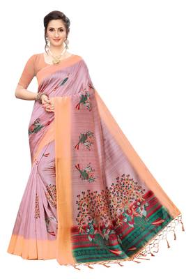 Salwar Studio Women's Pink & Peach Art Silk Printed Saree with Blouse Piece 1