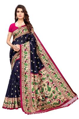 Salwar Studio Women's Navy Blue & Pink Art Silk Printed Saree with Blouse Piece 1