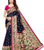 Salwar Studio Women's Navy Blue & Pink Art Silk Printed Saree with Blouse Piece