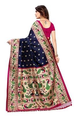 Salwar Studio Women's Navy Blue & Pink Art Silk Printed Saree with Blouse Piece 2