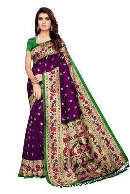 Salwar Studio Women's Purple & Green Art Silk Printed Saree with Blouse Piece 1