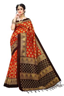 Salwar Studio Women's Orange & Black Art Silk Printed Saree with Blouse Piece 1