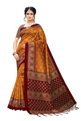 Salwar Studio Women's Orange & Maroon Art Silk Printed Saree with Blouse Piece 1