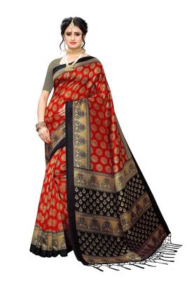 Salwar Studio Women's Red & Black Art Silk Printed Saree with Blouse Piece 1