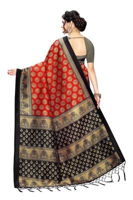 Salwar Studio Women's Red & Black Art Silk Printed Saree with Blouse Piece 2
