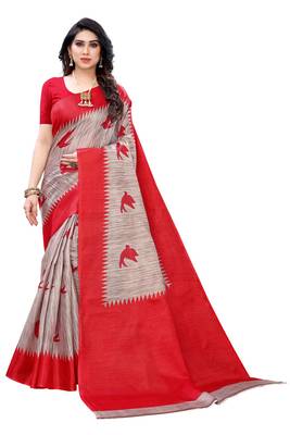 Salwar Studio Women's Grey & Red Khadi Printed Saree with Blouse Piece 1