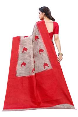 Salwar Studio Women's Grey & Red Khadi Printed Saree with Blouse Piece 2