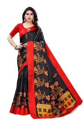 Salwar Studio Women's Black & Red Khadi Printed Saree with Blouse Piece 1
