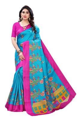 Salwar Studio Women's Blue & Pink Khadi Printed Saree with Blouse Piece 1
