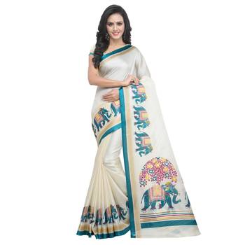Salwar Studio Women's Off White & Blue Khadi Printed Saree with Blouse Piece 1