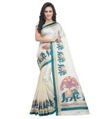 Salwar Studio Women's Off White & Blue Khadi Printed Saree with Blouse Piece
