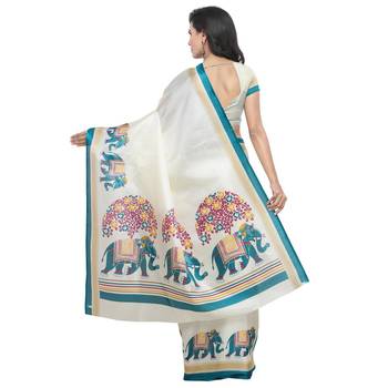 Salwar Studio Women's Off White & Blue Khadi Printed Saree with Blouse Piece 2