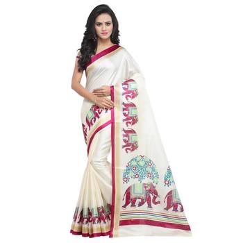 Salwar Studio Women's Off White & Pink Khadi Printed Saree with Blouse Piece 1