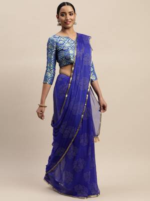 Blue printed chiffon saree with blouse 1