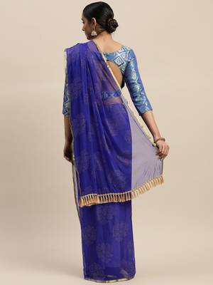 Blue printed chiffon saree with blouse 2