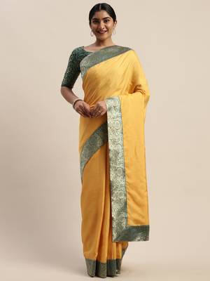 Yellow plain silk blend saree with blouse 1