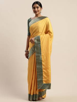 Yellow plain silk blend saree with blouse 2