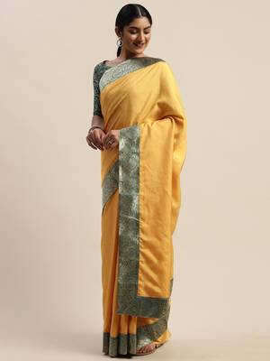 Yellow plain silk blend saree with blouse 3