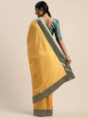 Yellow plain silk blend saree with blouse 4