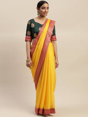 Yellow plain silk blend saree with blouse 1