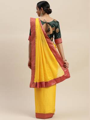 Yellow plain silk blend saree with blouse 2