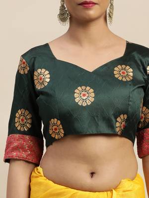Yellow plain silk blend saree with blouse 5