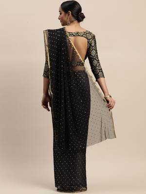 Black printed chiffon saree with blouse 2