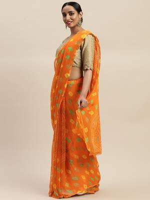 Orange printed chiffon saree with blouse 1