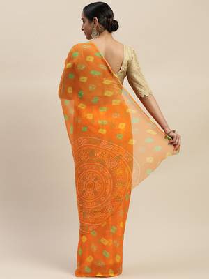 Orange printed chiffon saree with blouse 2