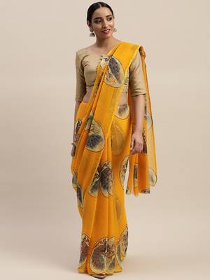 Yellow printed chiffon saree with blouse 1