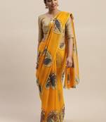 Yellow printed chiffon saree with blouse