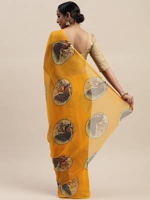 Yellow printed chiffon saree with blouse 2