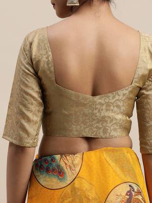 Yellow printed chiffon saree with blouse 5