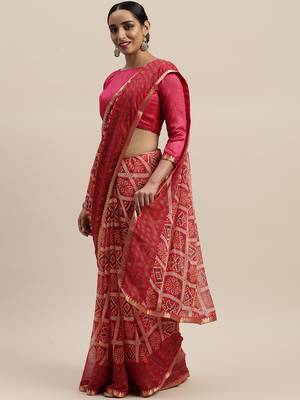 Pink printed chiffon saree with blouse 1
