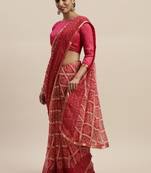 Pink printed chiffon saree with blouse